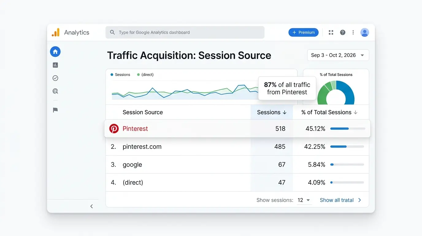 Google Analytics showing Pinterest as the dominant traffic source with 87% of all sessions - 518 from Pinterest app and 485 from pinterest.com
