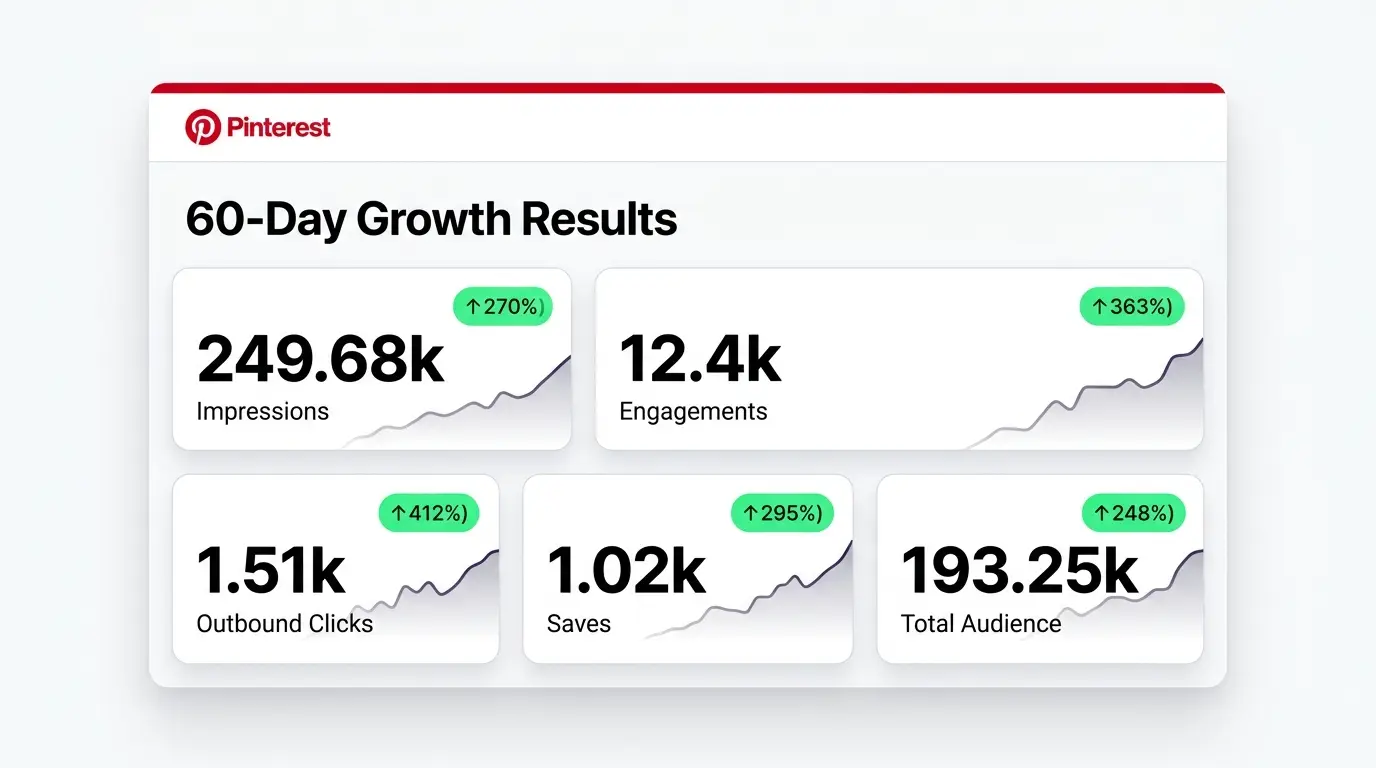 Pinterest 60-day growth showing 249.68k impressions up 270%, 12.4k engagements up 363%, 1.51k outbound clicks up 412%, and 1.02k saves up 295%